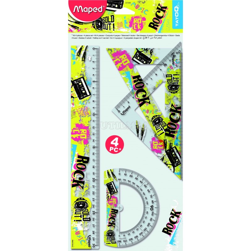 ESTUCHE GEOMETRICO MAPED TATOO 4PZ 30CM MODELO ROCK UND